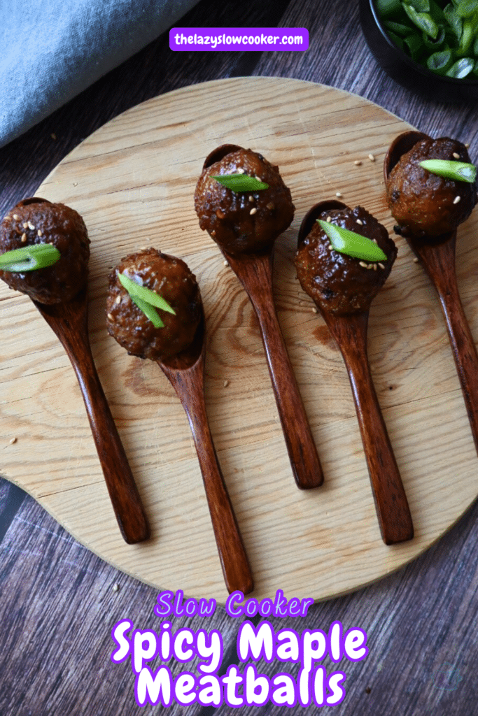 spicy maple meatballs on wooden appetizer spoon