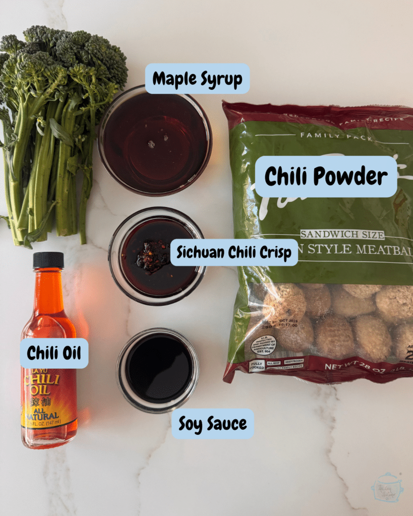 slow cooker spicy maple meatball ingredients with labels