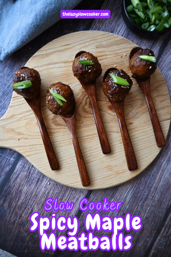 spicy maple meatballs on wooden appetizer spoon