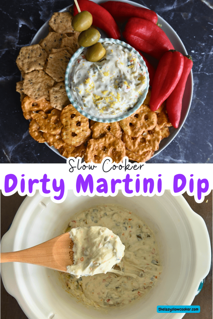 two different shots of dirty martini dip. One in a bowl surrounded by dipper and the other in the slow cooker
