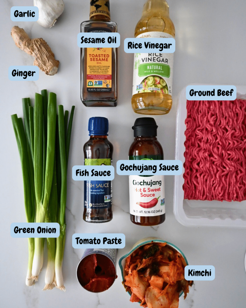slow cooker kimchi sloppy joe ingredients with labels