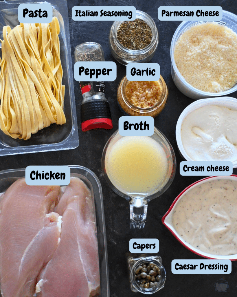 caesar chicken with pasta and asparagus ingredients with lables