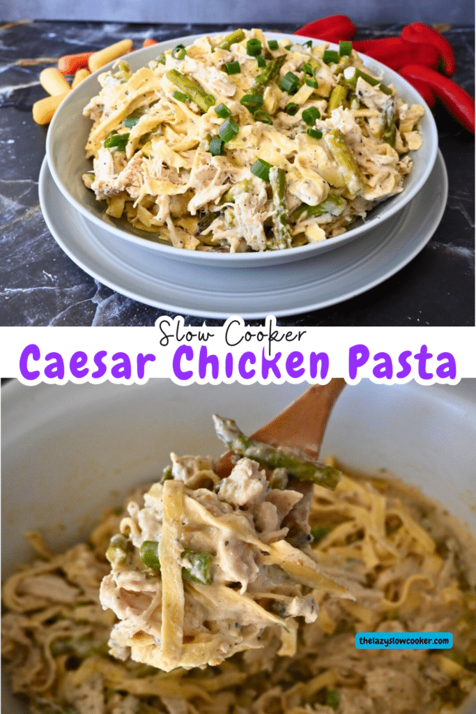 two different pictures of caesar chicken on in a bowl and one in a slow cooker