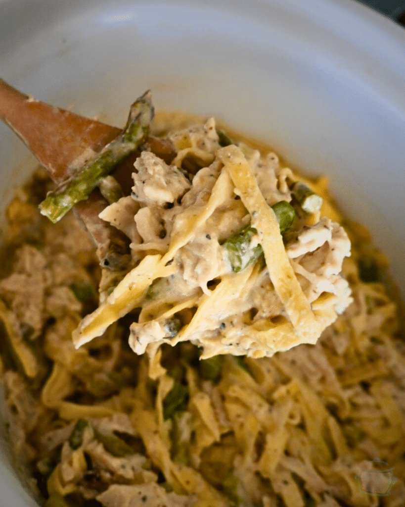 chicken and pasta with ceasar sauce on a spoon over a slow cooker full of the same
