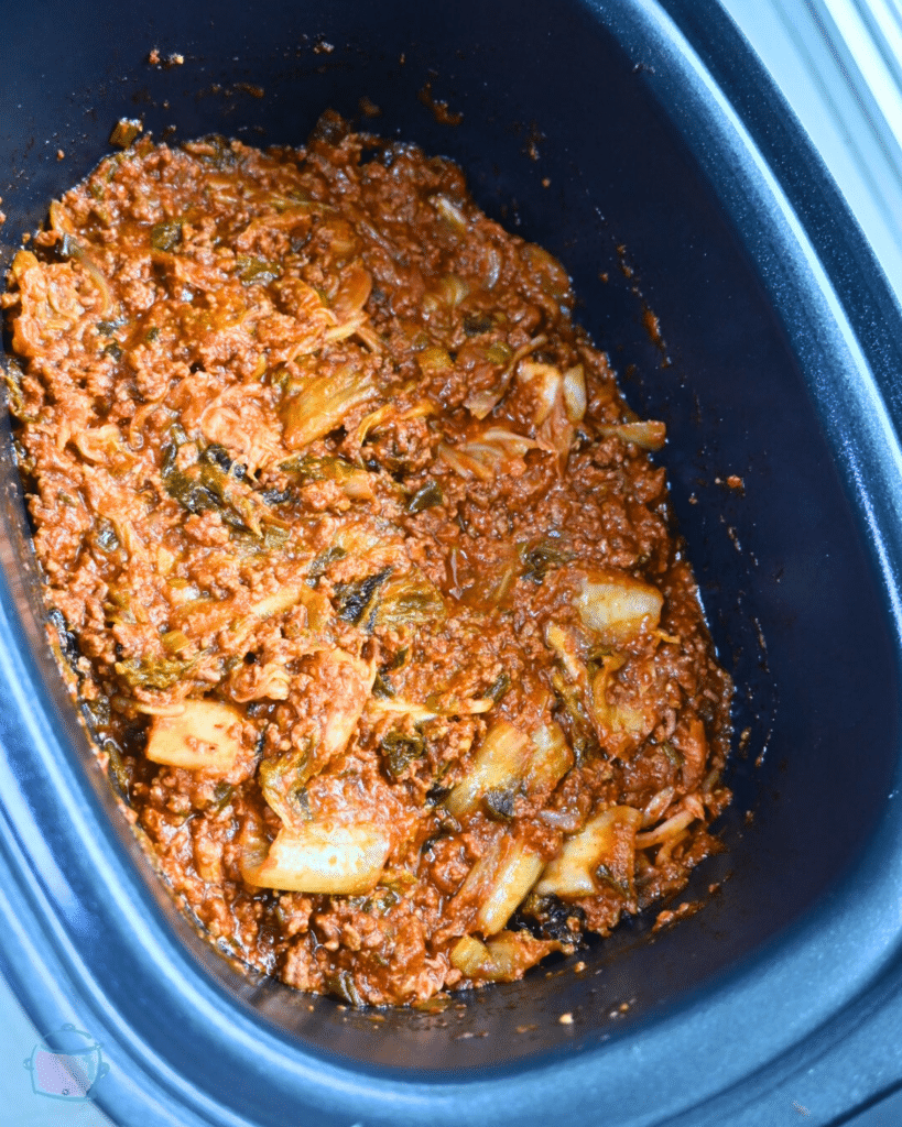 finished kimchi sloppy joe in a slow cooker