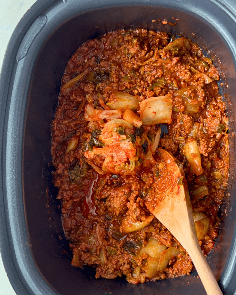 kimchi sloppy joe in crockpot after ocoking
