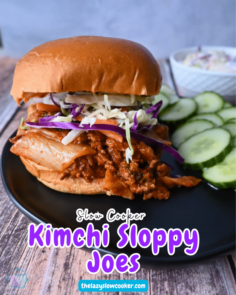 slow cooker kimchi sloppy joe on a brioche roll with cucumber salad on the side