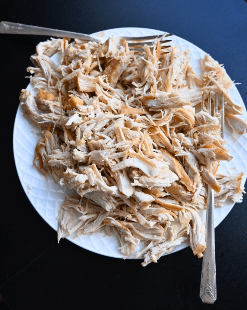shredded chicken on a white plate