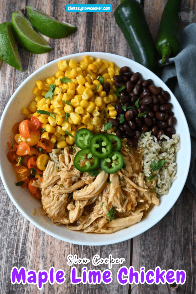 a bowl with maple lime chicken, rice, beans, corn and tomatoes