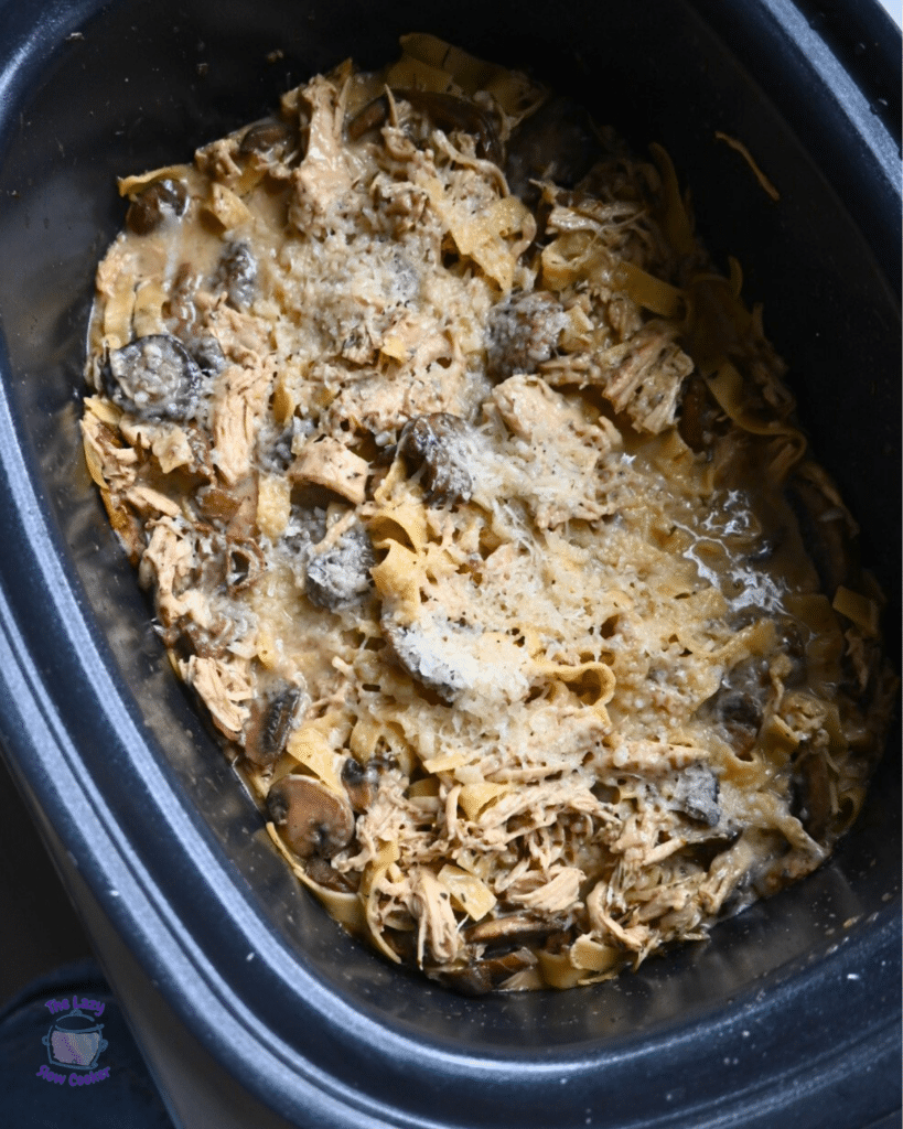 finished creamy mushroom chicken and pasta in a crock pot