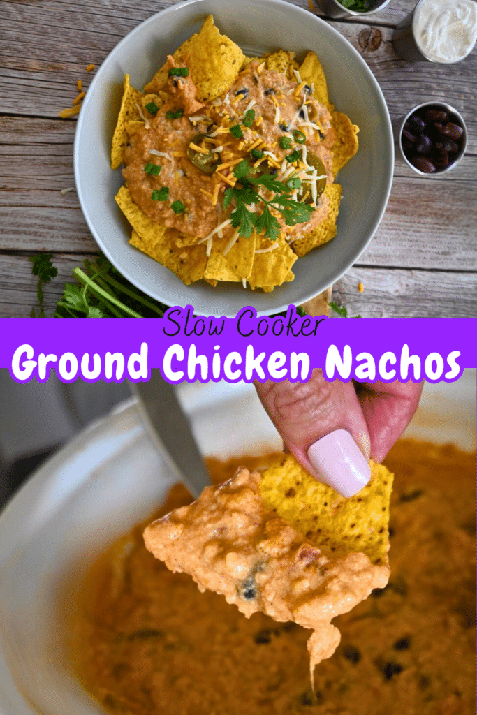 two different photos of nacho, one on a plate and one being scooped by a hand directly from the crock pot