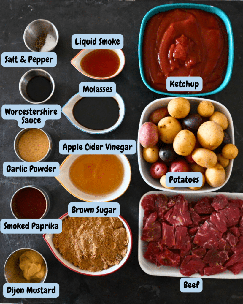 Slow Cooker bbq steak bites and potatoes ingredients with labels