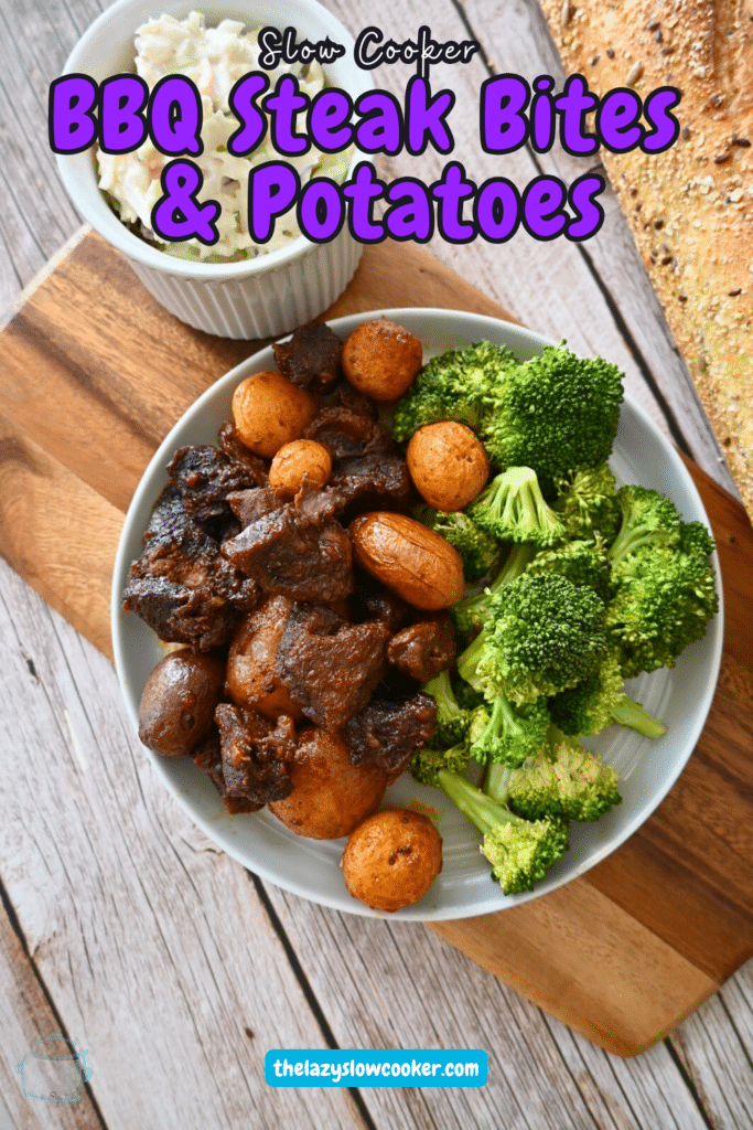 slow cooker bbq steak bites and potatoes on a plate with broccoli