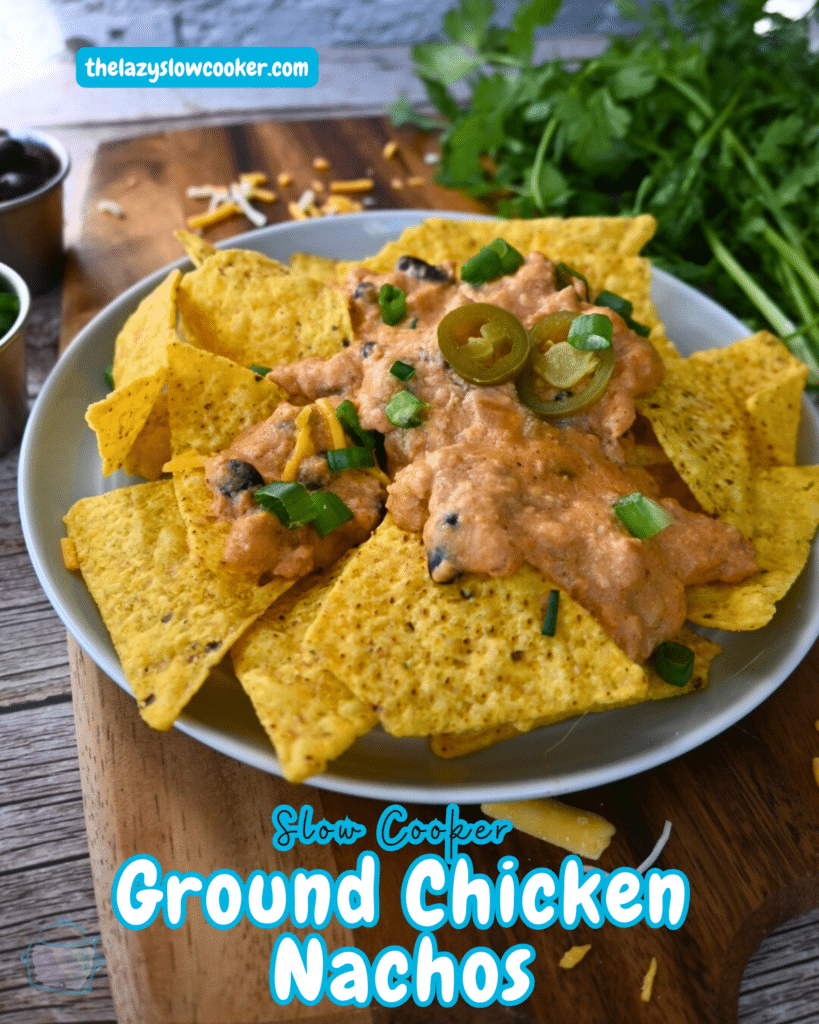 nacho chips topped with slow cooker ground chicken cheesy nacho sauce
