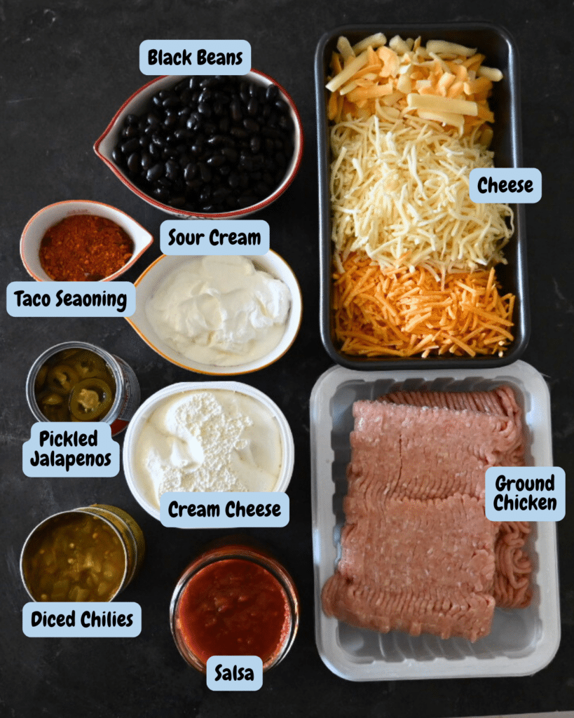 Cheesy chicken nachos ingredients with lables