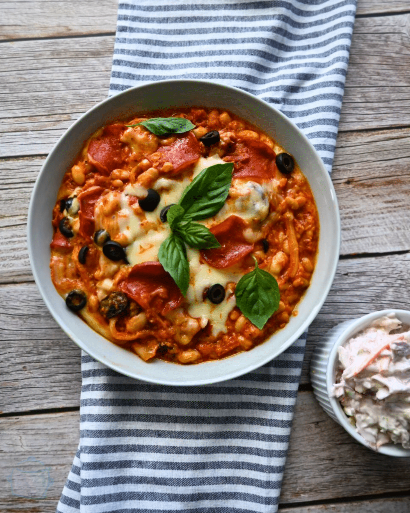 A bowl of pizza beans ready to be eaten