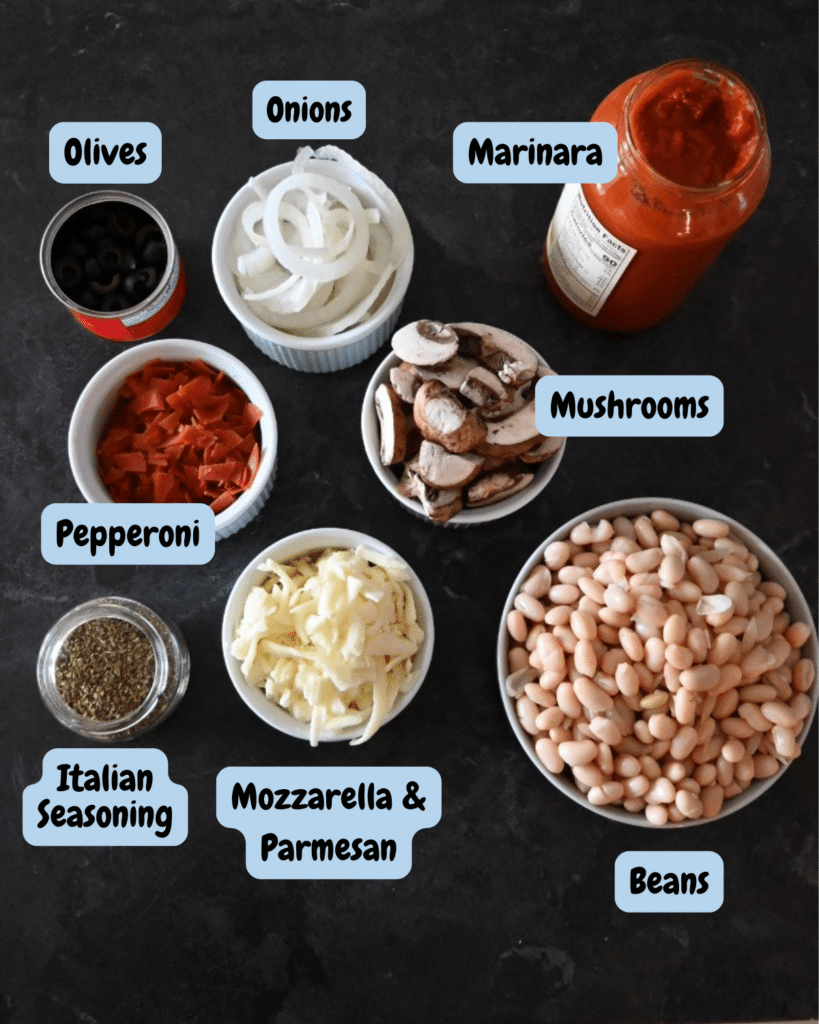 Pizza bean ingredients with labels