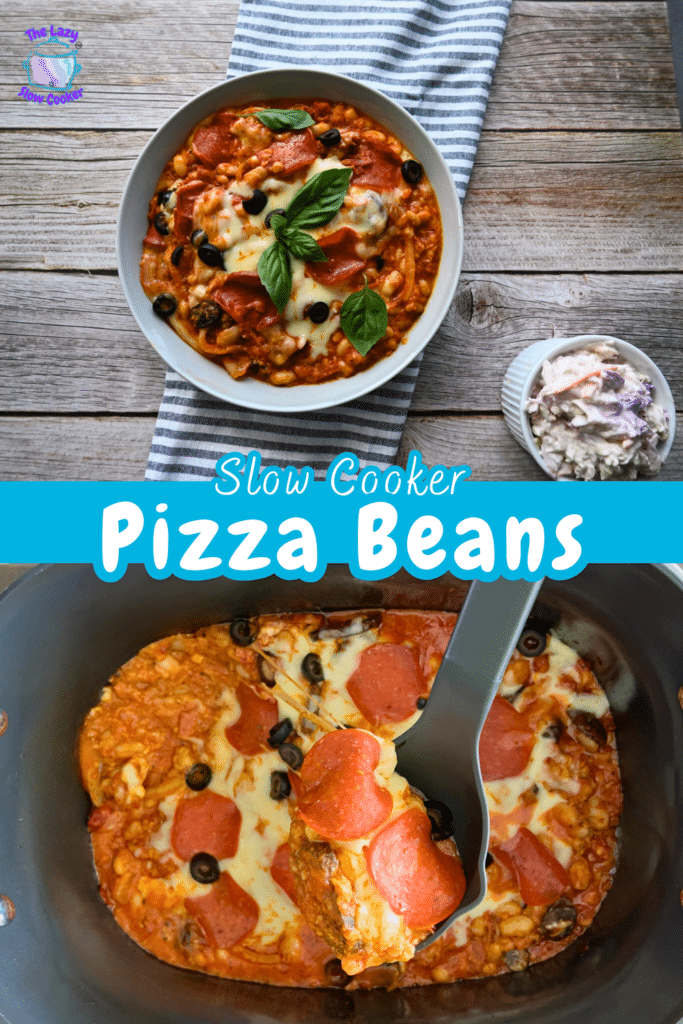 pizza beans in a bowl and in a slow cooker