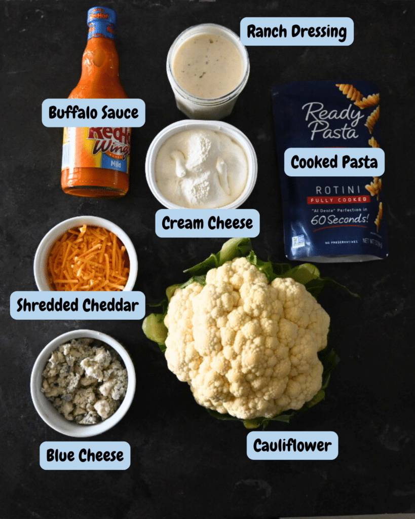 buffalo mac and cheese with cauliflower ingredients