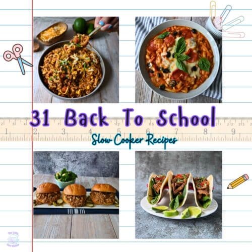 a collage of 4 different slow cooker back to school recipes