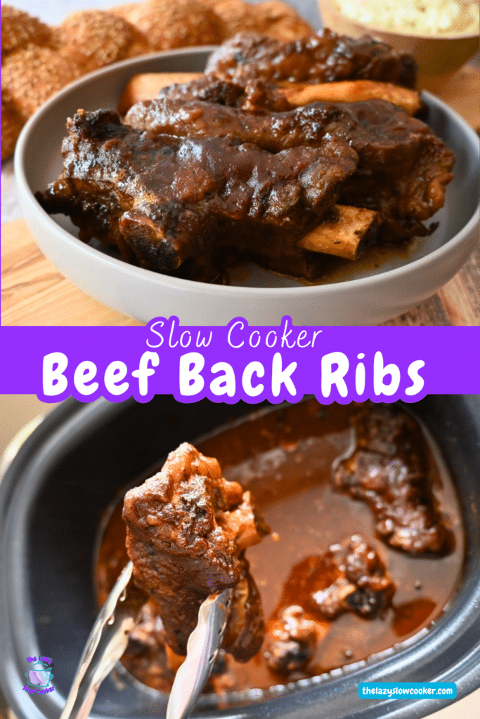 two photos of beef back ribs, one in a bowl and one in a slow cooker