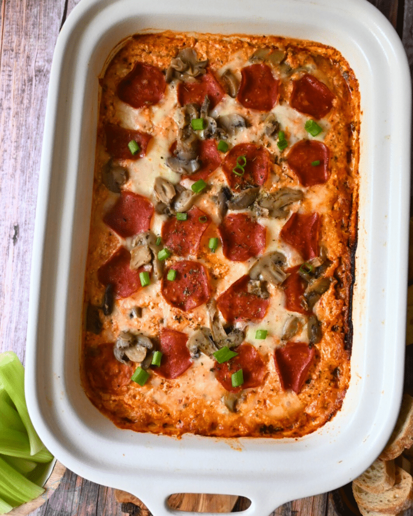 finished slow cooker pizza dip ready to serve