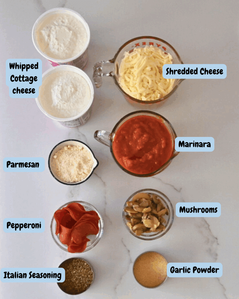 slow cooker cottage cheese pizza dip ingredient with labels