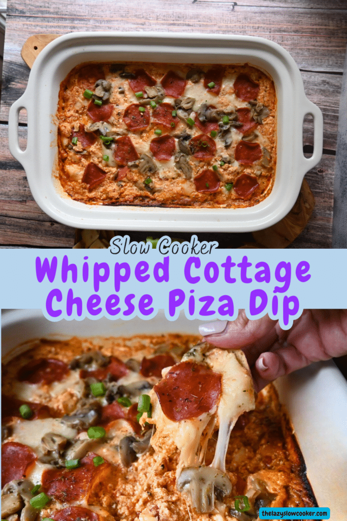 two cottage cheese pizza dip photos, one of a full slow cooker the other of some dip on a cracker