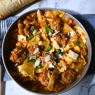 Meatballs and cabbage in a gray bowl