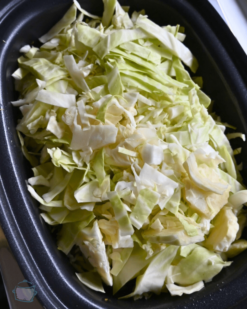 slow cooker full of all meatball and cabbage ingredients