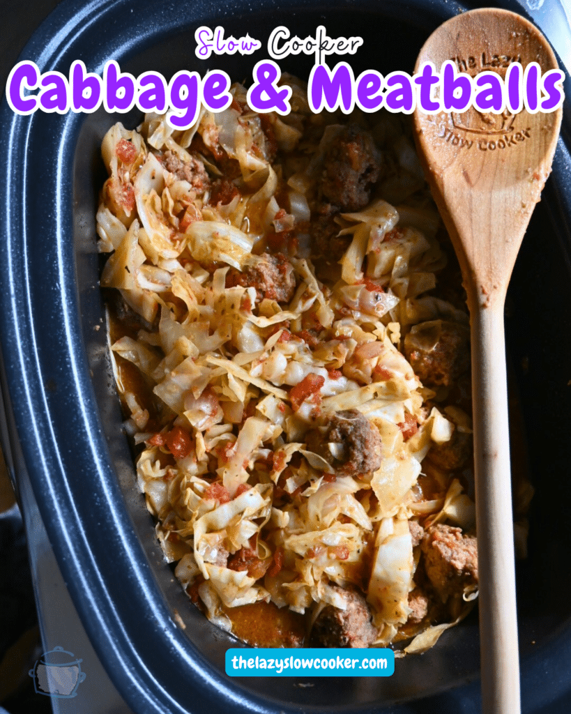 Meatballs and cabbage in a slow cooker with a wooden spoon ready to serve