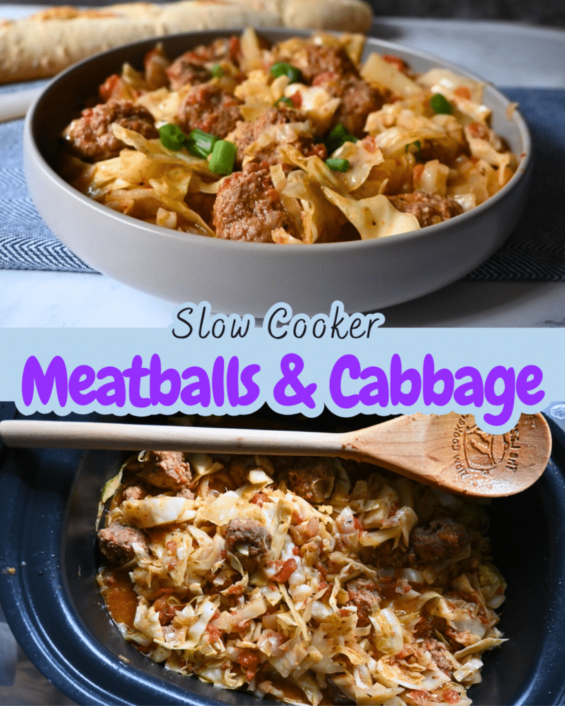 two pictures of cabbage and meatballs one in a bowl and one in a slow cooker,