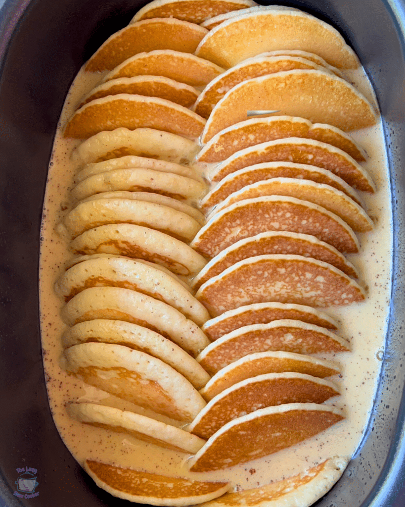 pancakes and egg mixture in slow cooker