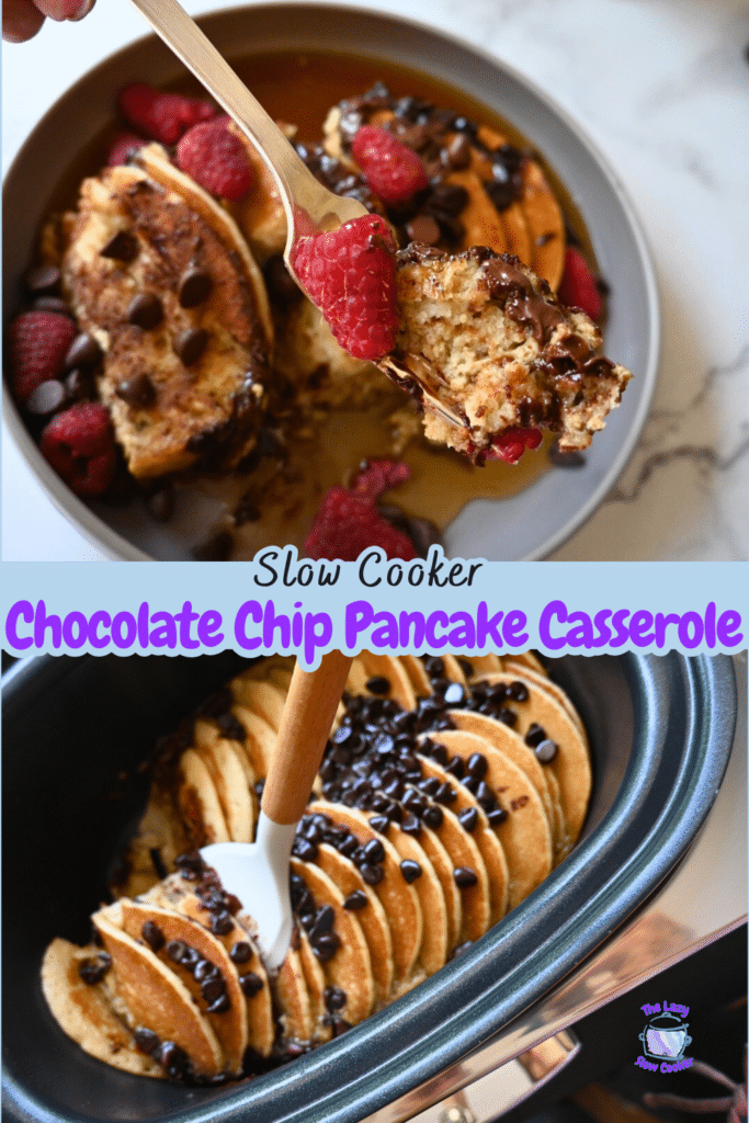 two photos of slow cooker chocolate chip pancake casserole