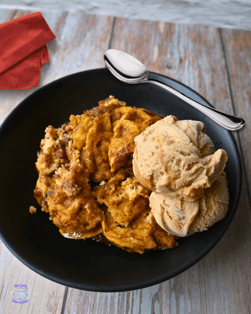 pumpkin waffle casserole topped with ice cream