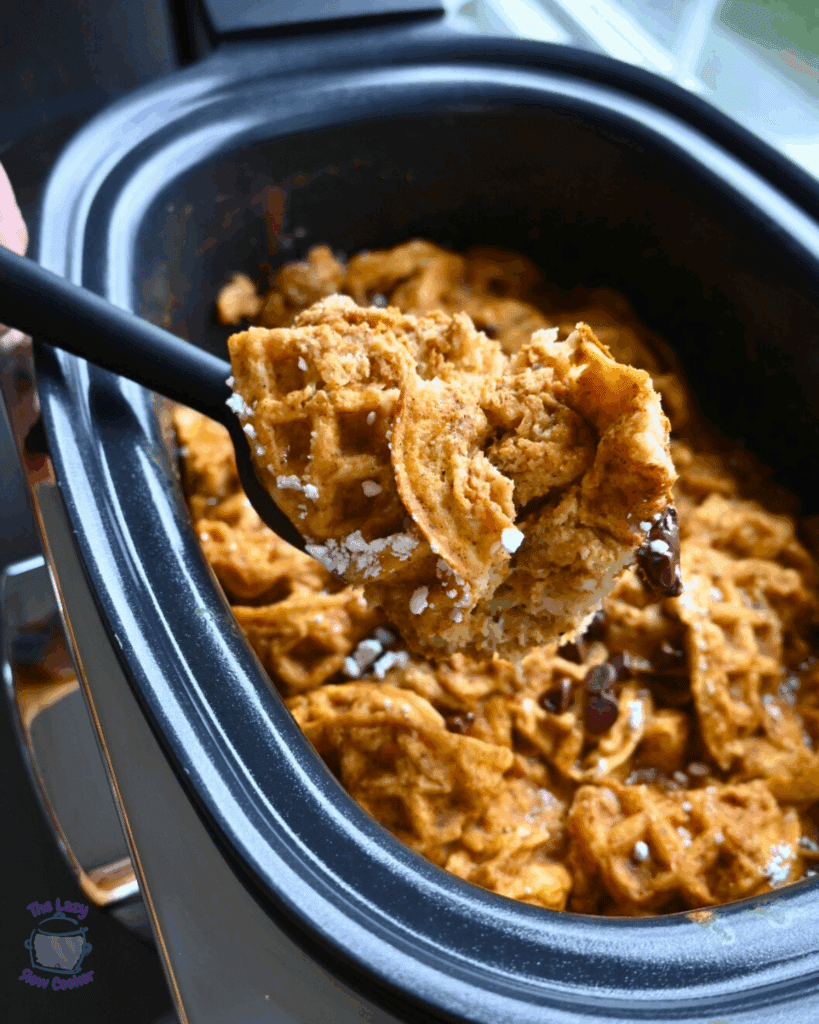 a slow cooker full of pumpkin waffle casserole ready to serve with some on a spoon