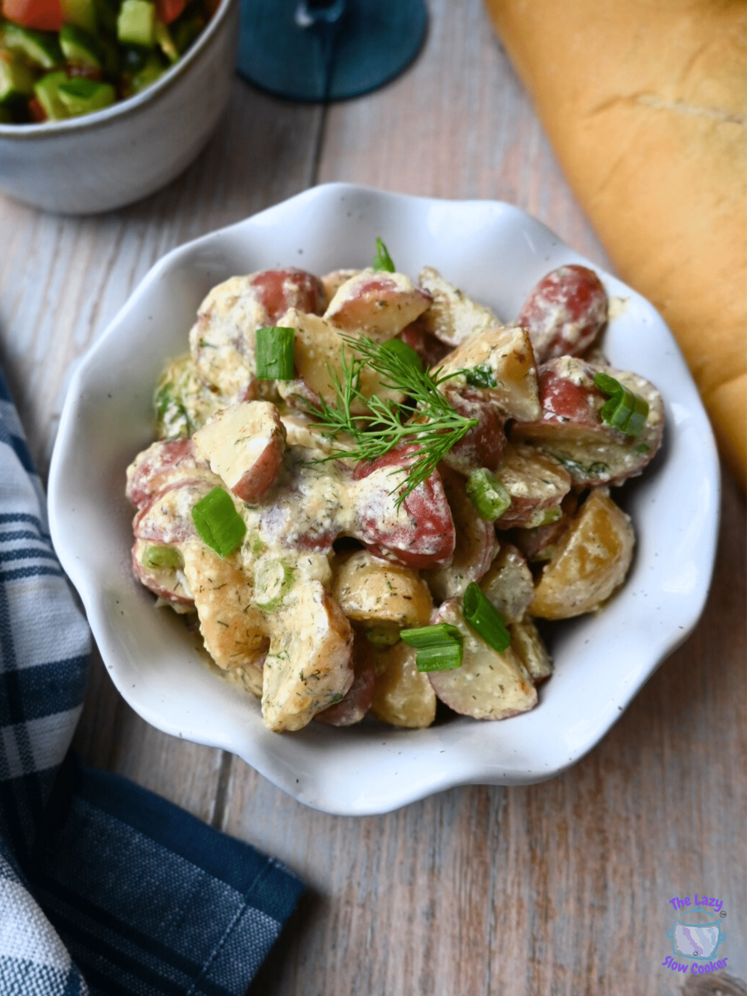 a bowl full of slow cooker warm potato salad