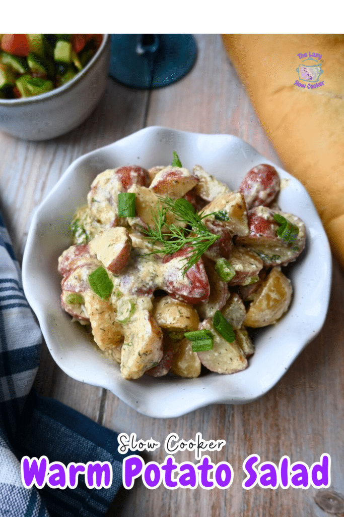 a bowl full of slow cooker warm potato salad