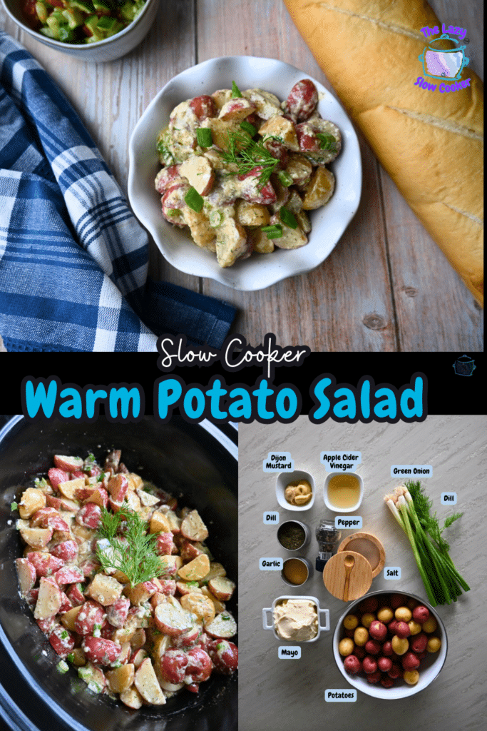 two different photos of warm potato salad. One in a bowl and one in a slow cooker