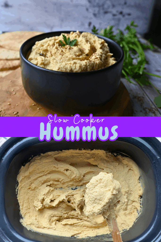 two different photos of slow cooker hummus. One in a crock pot the other in a bowl