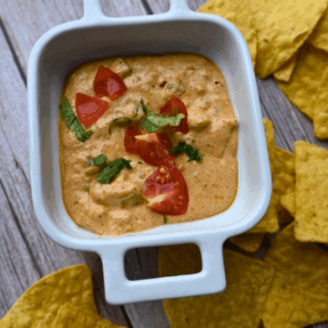 slow cooker cottage cheese queso in a serving dish