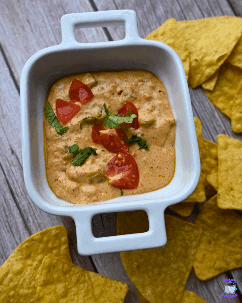 slow cooker cottage cheese queso in a serving dish