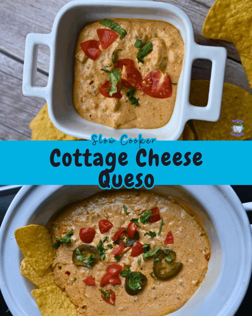 two different photos of crockpot queso with cottage cheese. On in a slow cooker and one in a serving bowl