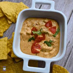 slow cooker cottage cheese queso in a serving dish