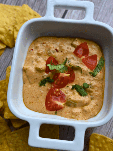 slow cooker cottage cheese queso in a serving dish