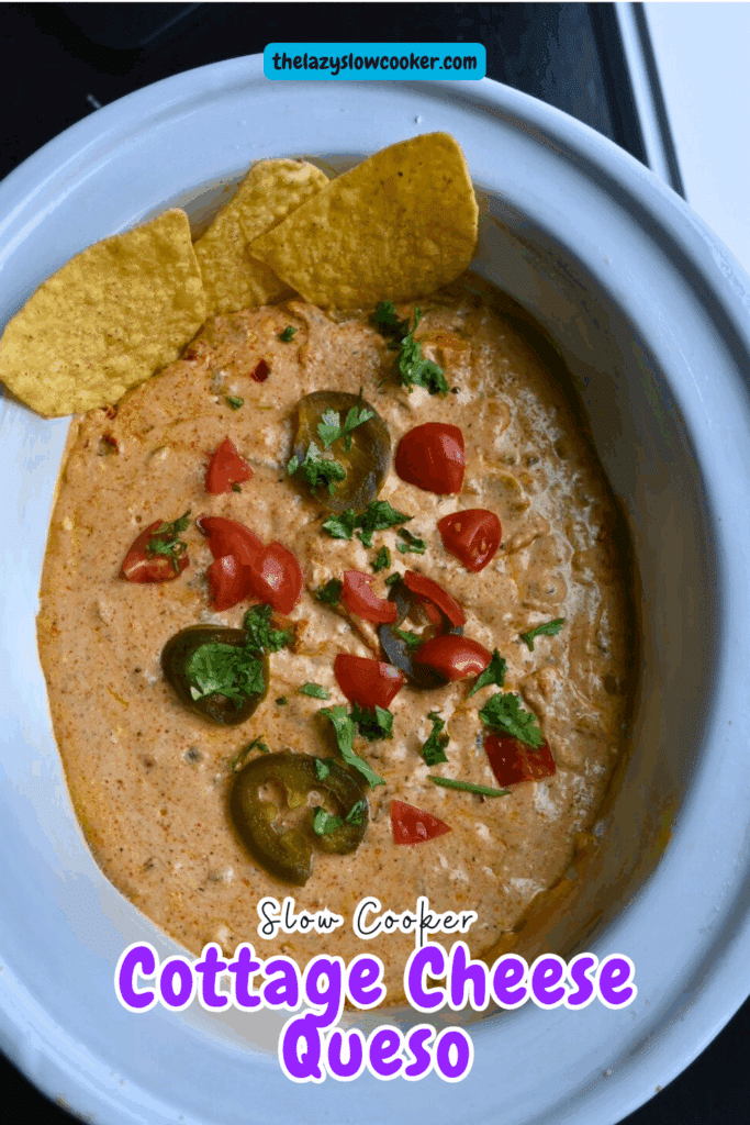 a crock pot full of queso made with cottage cheese
