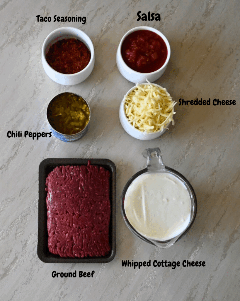 cottage cheese slow cooker taco dip ingredients with labels