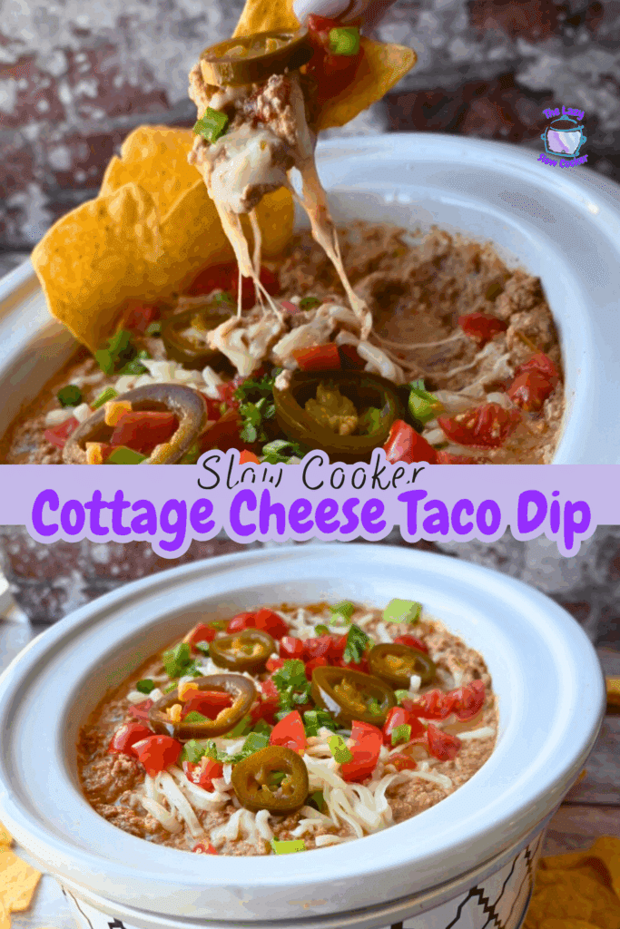 two different photos of taco dip with cottage cheese in a slow cookr