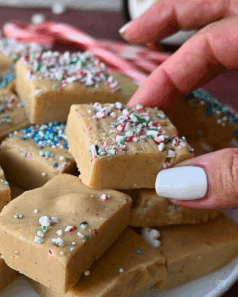 gingerbread fudge square on a plate with one being held by a hand.
