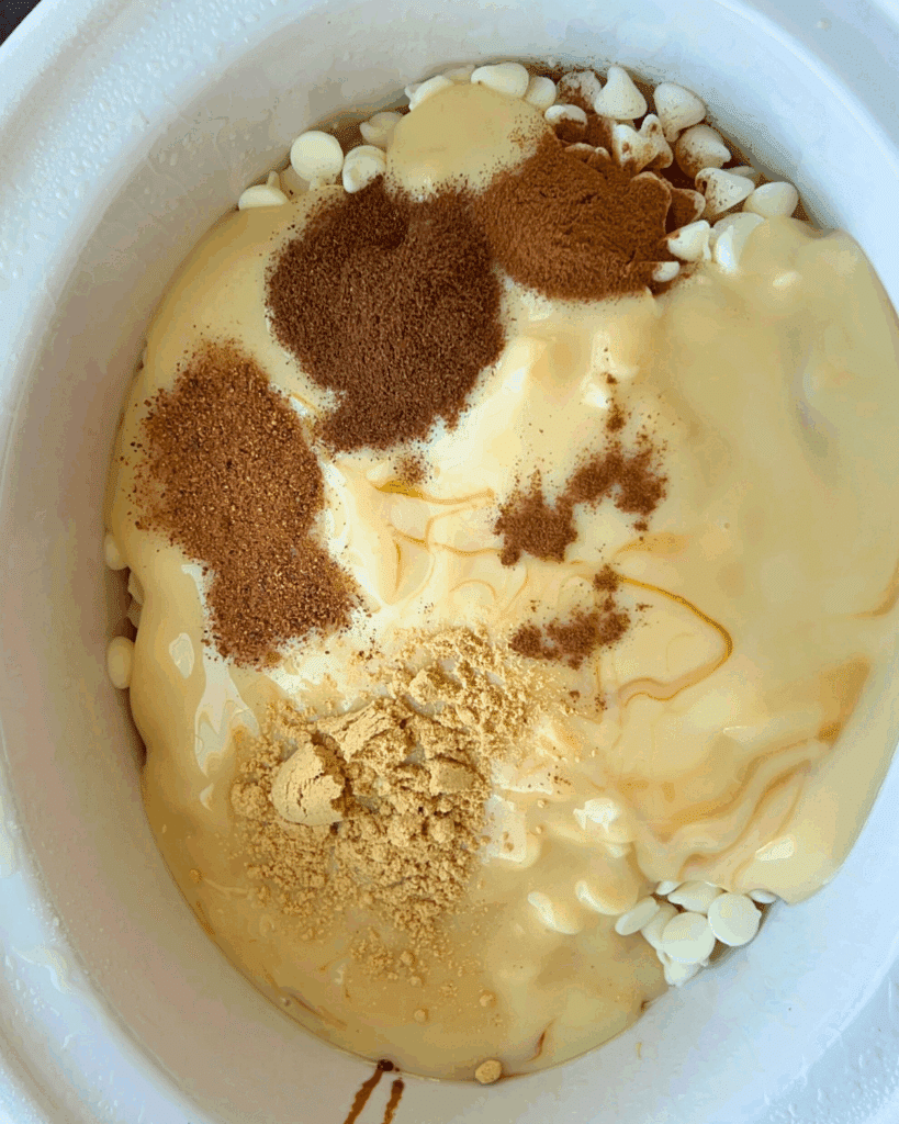 All ingredients in crockpot before mixing and cooking